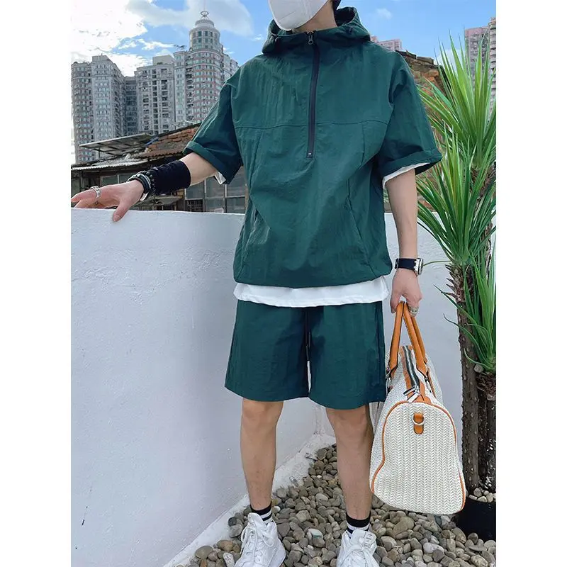 Mens 2025 Summer 2-Piece Set Loose Fit Hooded Zip-Up Shorts Breathable Utility Streetwear Solid Color Athleisure Gym Casual