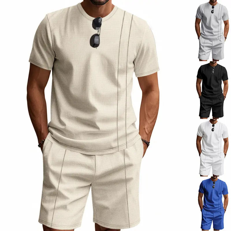 Mens Waffle Shorts Set Loose Fit Round Neck Short Sleeve Comfortable Breathable Cotton Minimalist INS Style Summer Casual Outfit