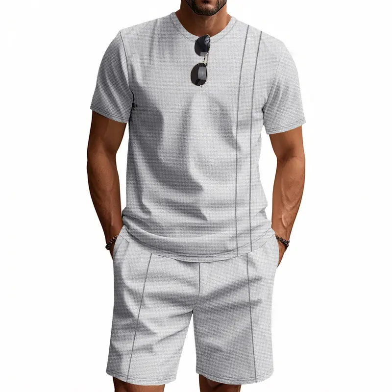 Mens Waffle Shorts Set Loose Fit Round Neck Short Sleeve Comfortable Breathable Cotton Minimalist INS Style Summer Casual Outfit