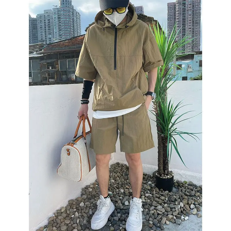 Mens 2025 Summer 2-Piece Set Loose Fit Hooded Zip-Up Shorts Breathable Utility Streetwear Solid Color Athleisure Gym Casual