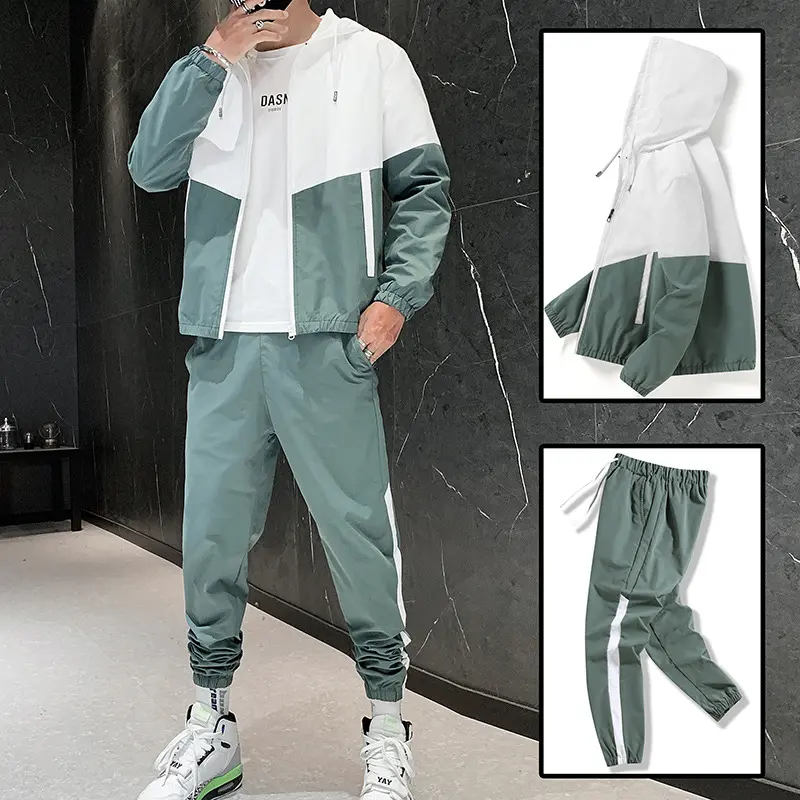 Mens Korean Style Hooded Sweatshirt Joggers 2-Piece Set Casual Streetwear Athletic Sportswear Spring Autumn Campus Outfit Loose