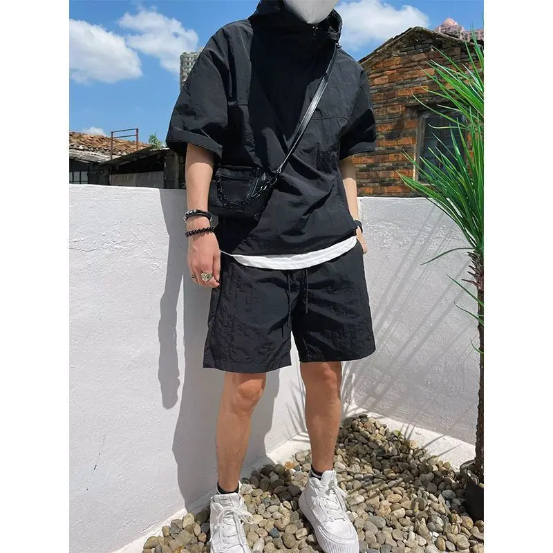 Mens 2025 Summer 2-Piece Set Loose Fit Hooded Zip-Up Shorts Breathable Utility Streetwear Solid Color Athleisure Gym Casual