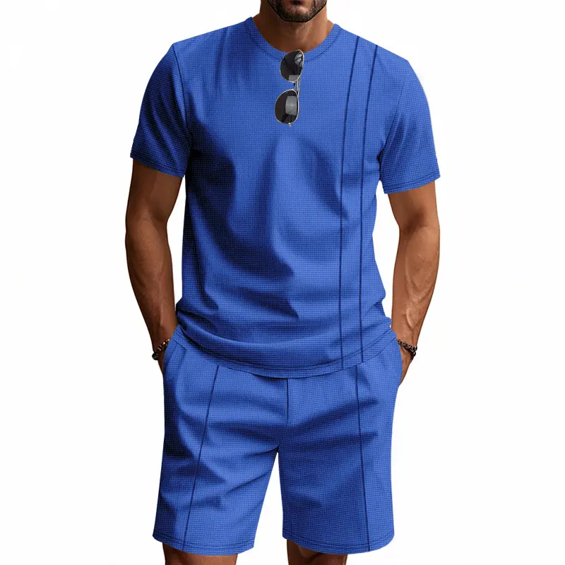 Mens Waffle Shorts Set Loose Fit Round Neck Short Sleeve Comfortable Breathable Cotton Minimalist INS Style Summer Casual Outfit
