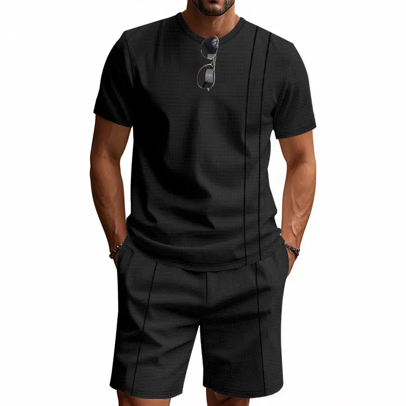 Mens Waffle Shorts Set Loose Fit Round Neck Short Sleeve Comfortable Breathable Cotton Minimalist INS Style Summer Casual Outfit