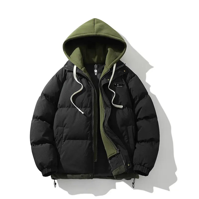 Winter New Men's Fashion Fake Two-piece Warm Fleece Loose Zipper Hooded Cotton Coat Cotton Jacket Daily Outdoor Casual