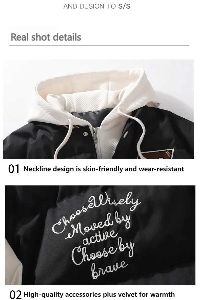 Men's Winter New Jacket Fashion Fake Two Piece Hooded Thick Warm Cotton Jacket Letter Printed Casual Loose Cotton Jacket