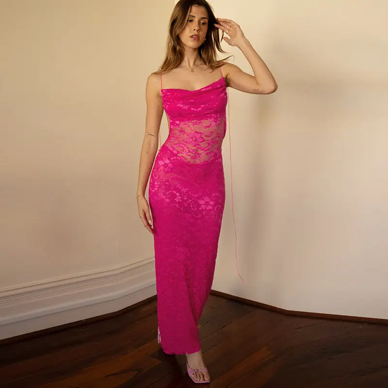 Solid Color Camisole Elegant Temperament Off Shoulder Lace See Through Jacquard Backless Sexy Long Dress