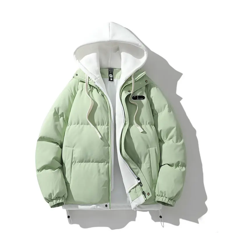 Winter New Men's Fashion Fake Two-piece Warm Fleece Loose Zipper Hooded Cotton Coat Cotton Jacket Daily Outdoor Casual