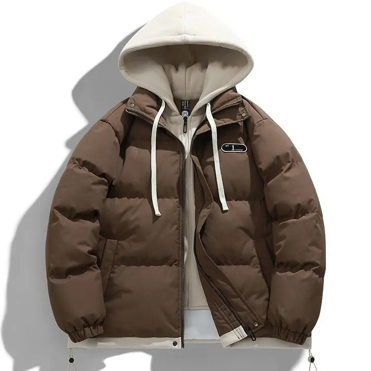 Winter New Men's Fashion Fake Two-piece Warm Fleece Loose Zipper Hooded Cotton Coat Cotton Jacket Daily Outdoor Casual