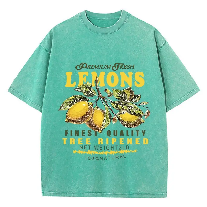 Cotton Men Acid Wash T-Shirts Premium Fresh Lemons Printing Tees Distressed Oversize O-Neck Short Sleeve Casual Female Clothes