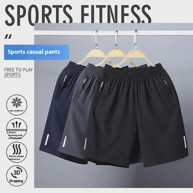 Men 5 Point Shorts Korean Print Mid Thigh Length Quick Dry Big Tall Loose Fit Cooling Tech Breathable Side Zipper Pockets Summer