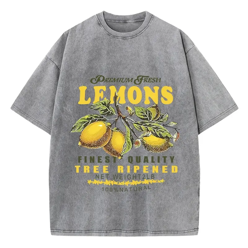 Cotton Men Acid Wash T-Shirts Premium Fresh Lemons Printing Tees Distressed Oversize O-Neck Short Sleeve Casual Female Clothes