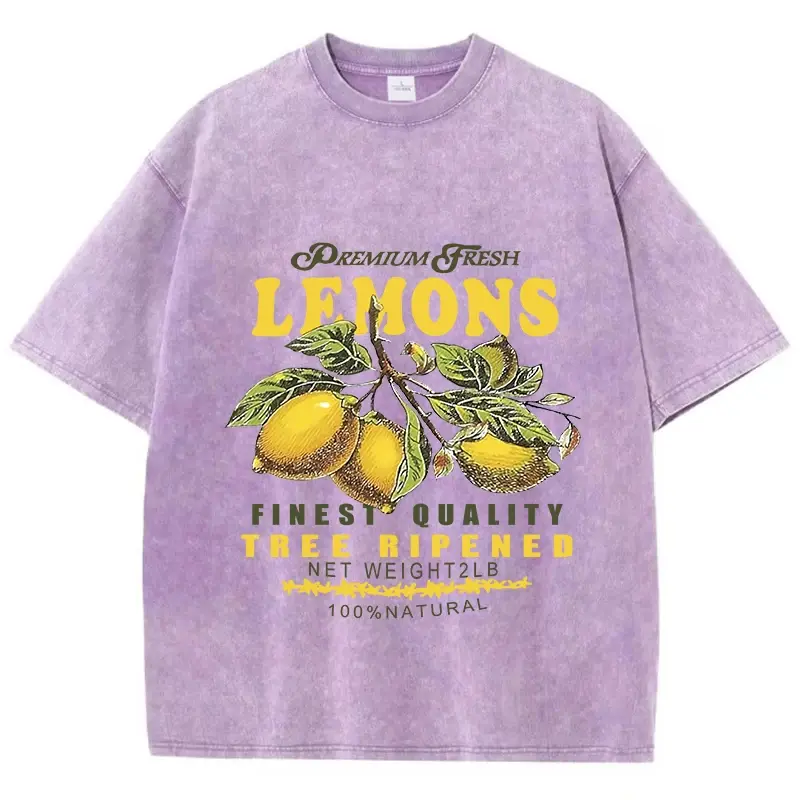 Cotton Men Acid Wash T-Shirts Premium Fresh Lemons Printing Tees Distressed Oversize O-Neck Short Sleeve Casual Female Clothes