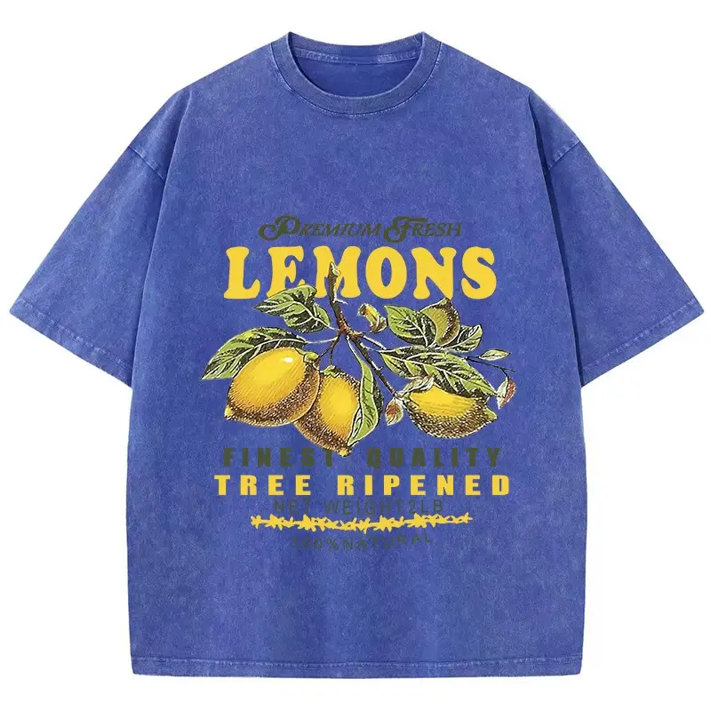 Cotton Men Acid Wash T-Shirts Premium Fresh Lemons Printing Tees Distressed Oversize O-Neck Short Sleeve Casual Female Clothes