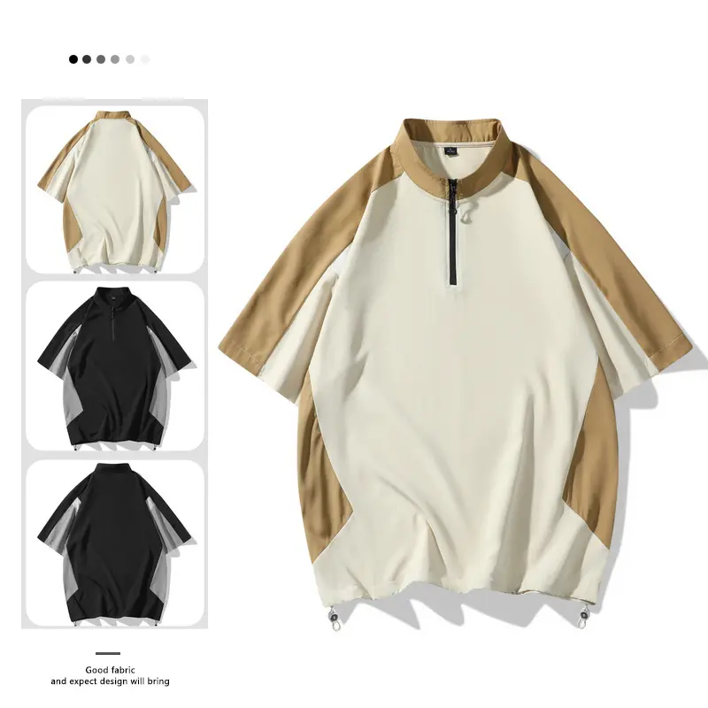 2025 New Men's Black Gray Color Blocked T-shirt Mountain Style Quick Drying Training Suit Fashionable Zipper Collar Sports Top