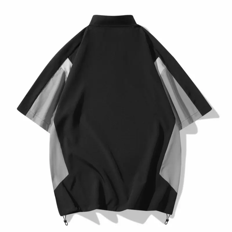 2025 New Men's Black Gray Color Blocked T-shirt Mountain Style Quick Drying Training Suit Fashionable Zipper Collar Sports Top