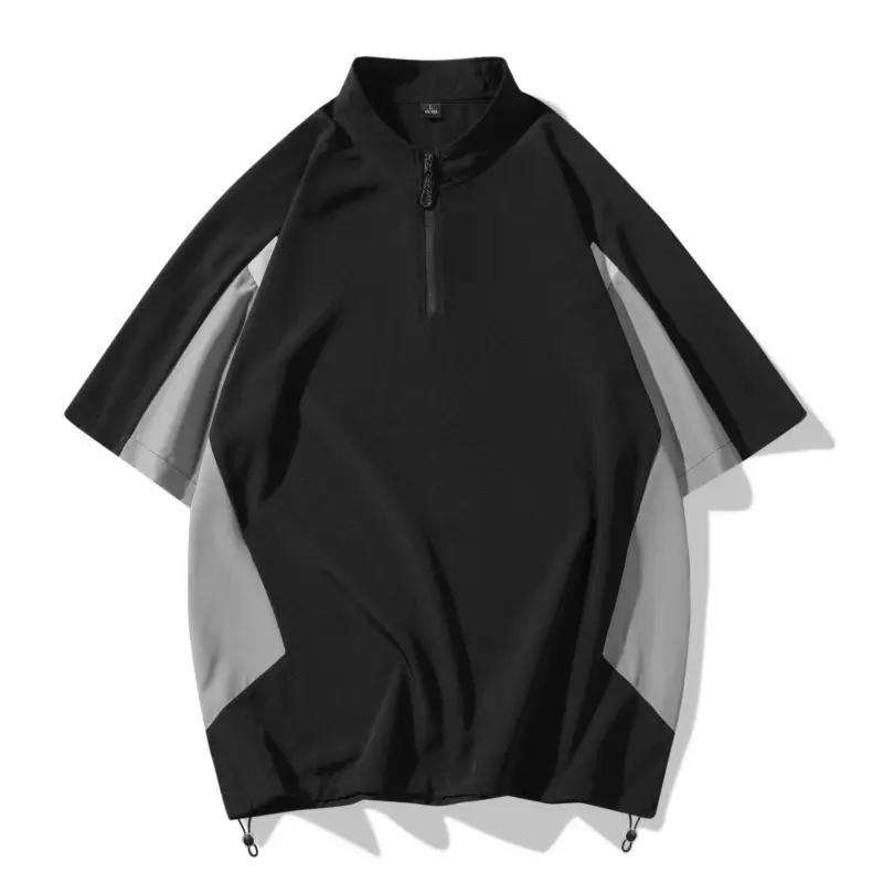 2025 New Men's Black Gray Color Blocked T-shirt Mountain Style Quick Drying Training Suit Fashionable Zipper Collar Sports Top
