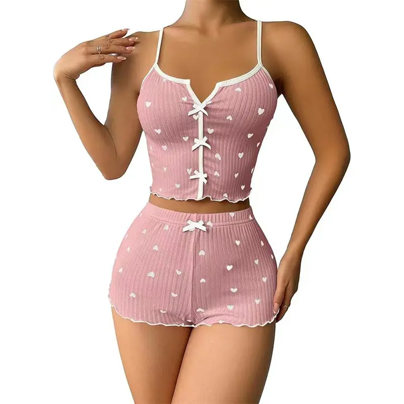 2025 Summer Women's Sweet Lace Strap Shorts Pajamas Cute Printed Pure Desire Pajamas Knitted Sleeveless Pajamas Sexy Fashion