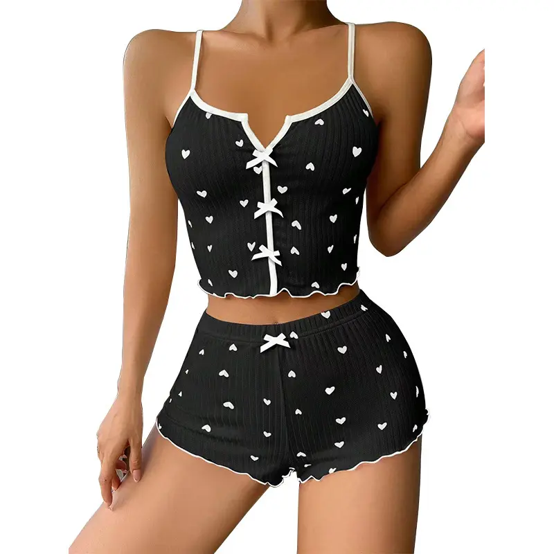 2025 Summer Women's Sweet Lace Strap Shorts Pajamas Cute Printed Pure Desire Pajamas Knitted Sleeveless Pajamas Sexy Fashion
