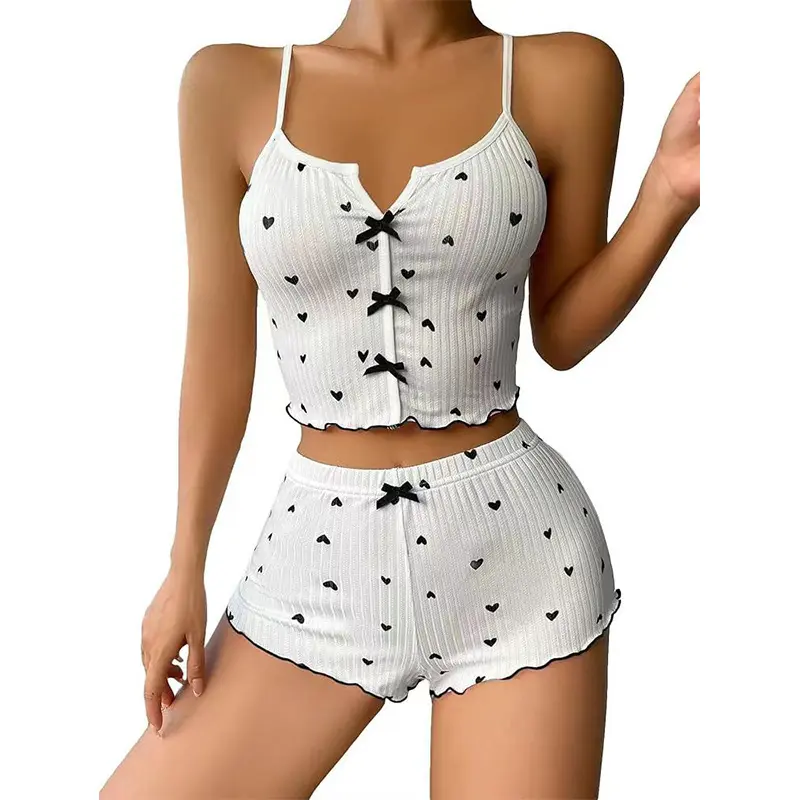 2025 Summer Women's Sweet Lace Strap Shorts Pajamas Cute Printed Pure Desire Pajamas Knitted Sleeveless Pajamas Sexy Fashion