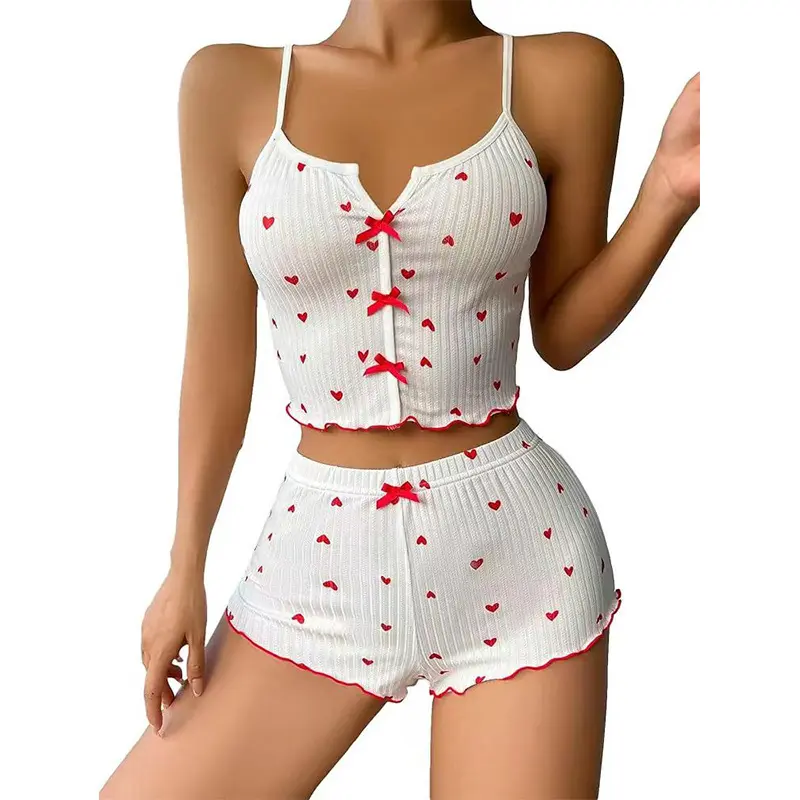2025 Summer Women's Sweet Lace Strap Shorts Pajamas Cute Printed Pure Desire Pajamas Knitted Sleeveless Pajamas Sexy Fashion