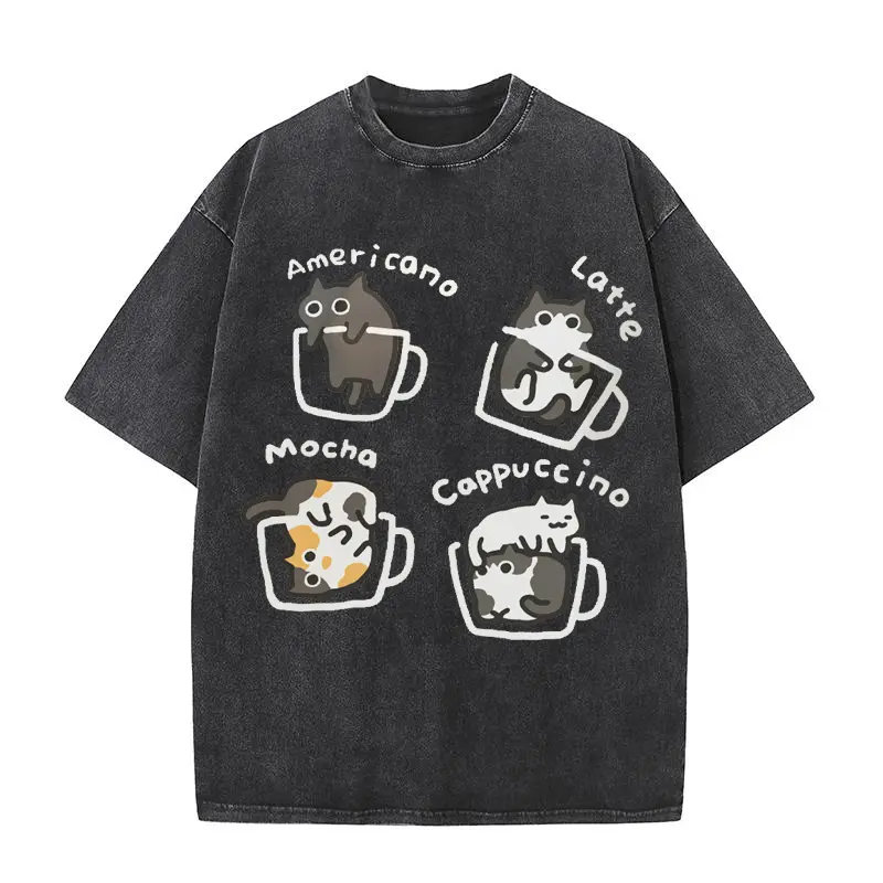 2025 Men's and Women's Cartoon Kitten Cup Cute Printed T-shirt 100% Cotton Short Sleeve Fashion Design Multi Color Casual Top