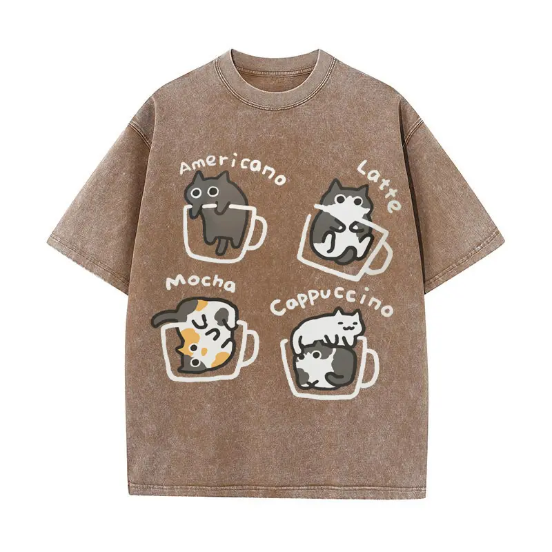 2025 Men's and Women's Cartoon Kitten Cup Cute Printed T-shirt 100% Cotton Short Sleeve Fashion Design Multi Color Casual Top
