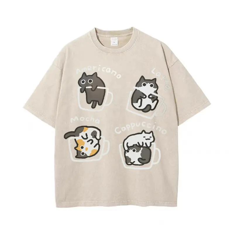 2025 Men's and Women's Cartoon Kitten Cup Cute Printed T-shirt 100% Cotton Short Sleeve Fashion Design Multi Color Casual Top
