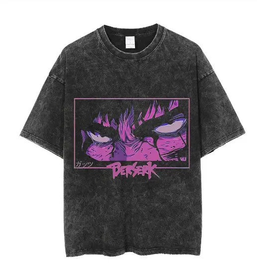 Vintage Anime Print T-Shirt Men Old Dark Street Trendy Crew Neck Short Sleeve Casual Graphic Tee Retro Japanese Style Cotton Top