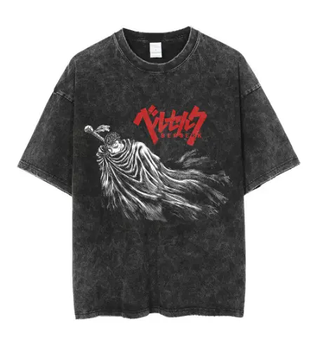 Vintage Anime Print T-Shirt Men Old Dark Street Trendy Crew Neck Short Sleeve Casual Graphic Tee Retro Japanese Style Cotton Top