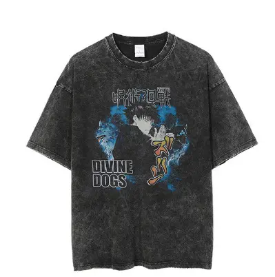 Vintage Anime Print T-Shirt Men Old Dark Street Trendy Crew Neck Short Sleeve Casual Graphic Tee Retro Japanese Style Cotton Top