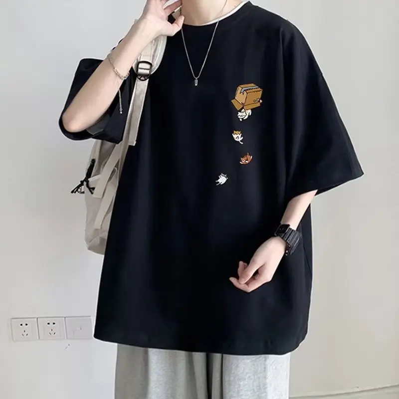 Men Japanese Style Summer New T Shirt Hong Kong Streetwear Loose Big Round Neck Short Sleeve Casual Fashion Oversized Tee Top
