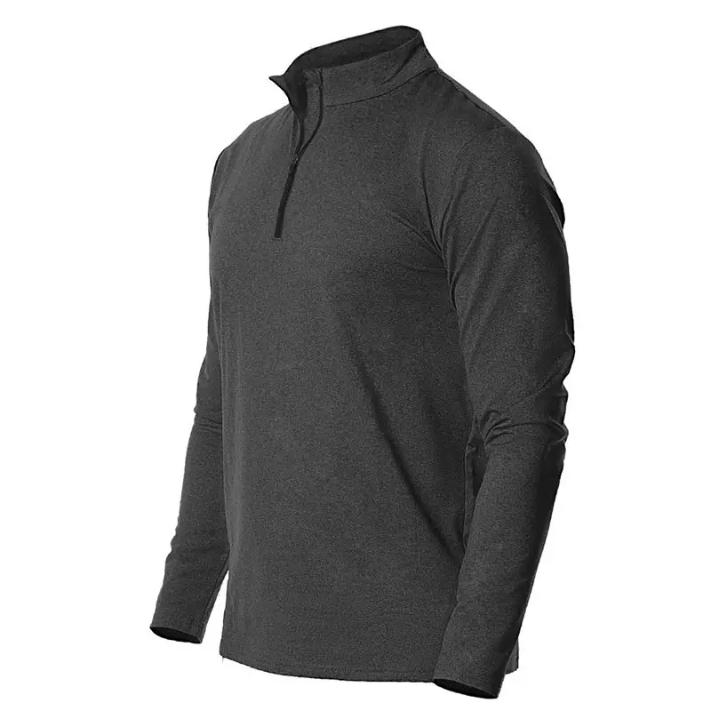 European and American Men's Long Sleeved Quick Drying Sports Running Cover with Half Zipper Solid Color Breathable T-shirt