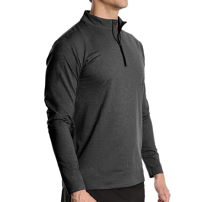 European and American Men's Long Sleeved Quick Drying Sports Running Cover with Half Zipper Solid Color Breathable T-shirt