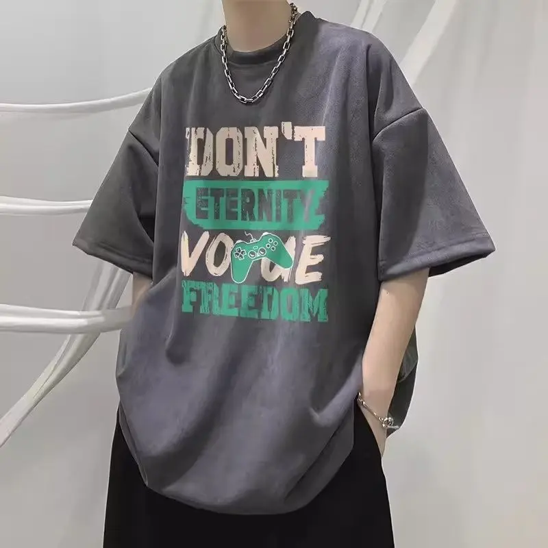 Men Japanese Style Summer New T Shirt Hong Kong Streetwear Loose Big Round Neck Short Sleeve Casual Fashion Oversized Tee Top