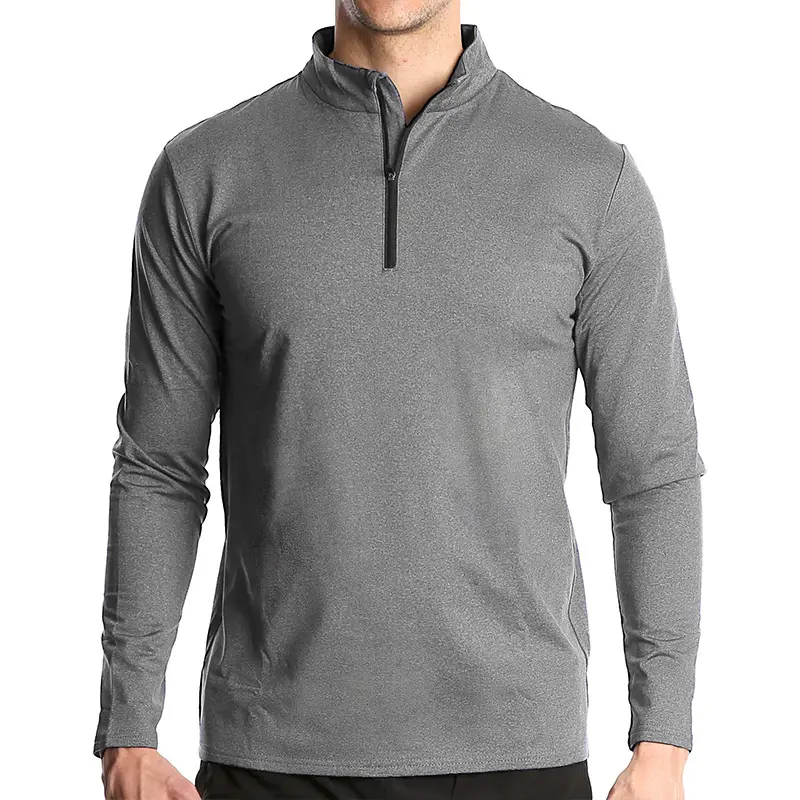European and American Men's Long Sleeved Quick Drying Sports Running Cover with Half Zipper Solid Color Breathable T-shirt
