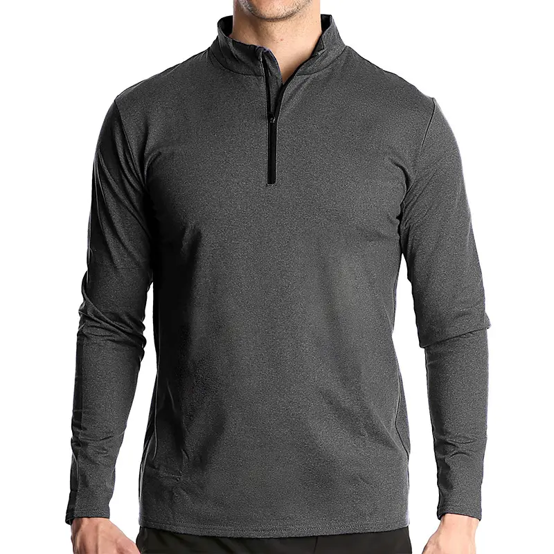 European and American Men's Long Sleeved Quick Drying Sports Running Cover with Half Zipper Solid Color Breathable T-shirt