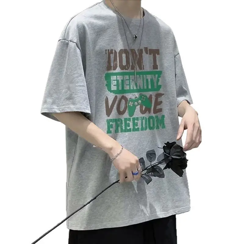Men Japanese Style Summer New T Shirt Hong Kong Streetwear Loose Big Round Neck Short Sleeve Casual Fashion Oversized Tee Top