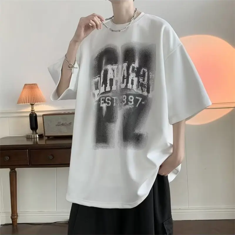 Men Japanese Style Summer New T Shirt Hong Kong Streetwear Loose Big Round Neck Short Sleeve Casual Fashion Oversized Tee Top