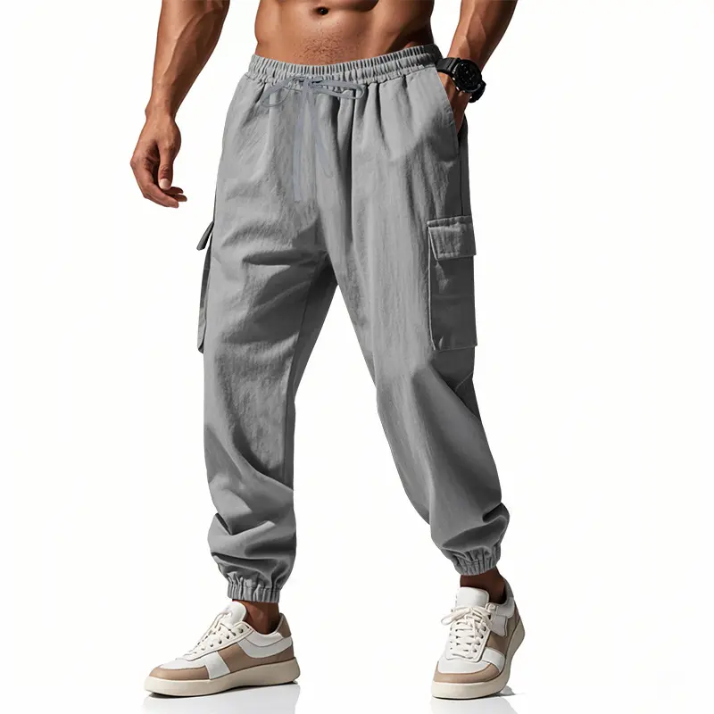 Mens Trousers Spring Autumn Casual Pants Loose Fit Multi Pocket Straight Leg Cotton Linen Blend Closed Placket Tether