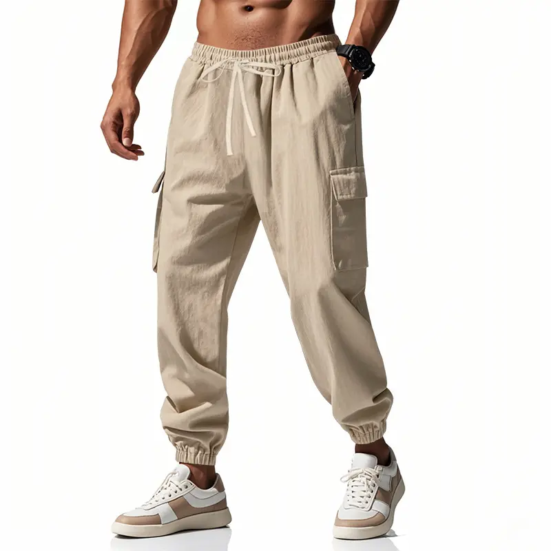 Mens Trousers Spring Autumn Casual Pants Loose Fit Multi Pocket Straight Leg Cotton Linen Blend Closed Placket Tether