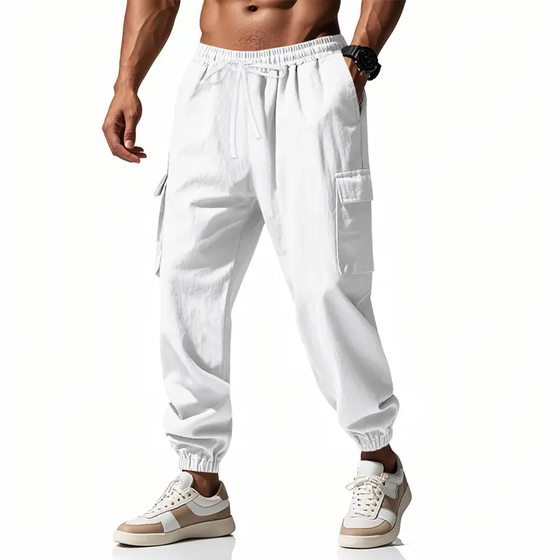 Mens Trousers Spring Autumn Casual Pants Loose Fit Multi Pocket Straight Leg Cotton Linen Blend Closed Placket Tether