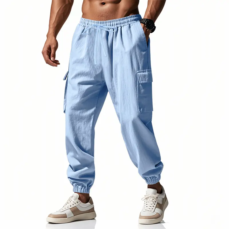 Mens Trousers Spring Autumn Casual Pants Loose Fit Multi Pocket Straight Leg Cotton Linen Blend Closed Placket Tether