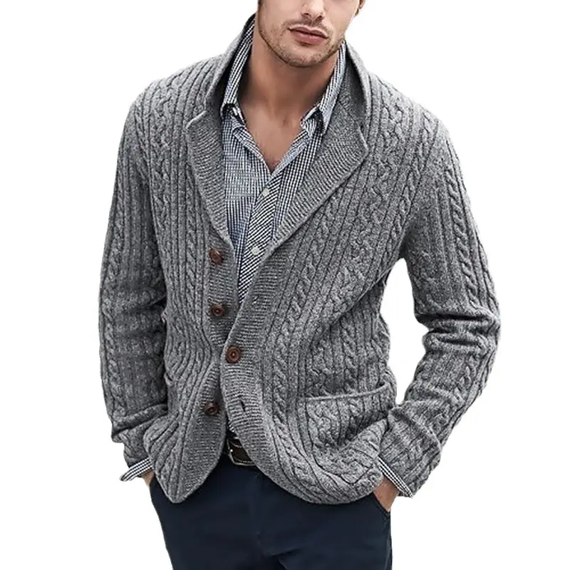Cross Border EU US Mens Cable Knit Cardigan Button Front Long Sleeve Lapel Pocket Autumn Winter Fashion Casual Knitted Sweater