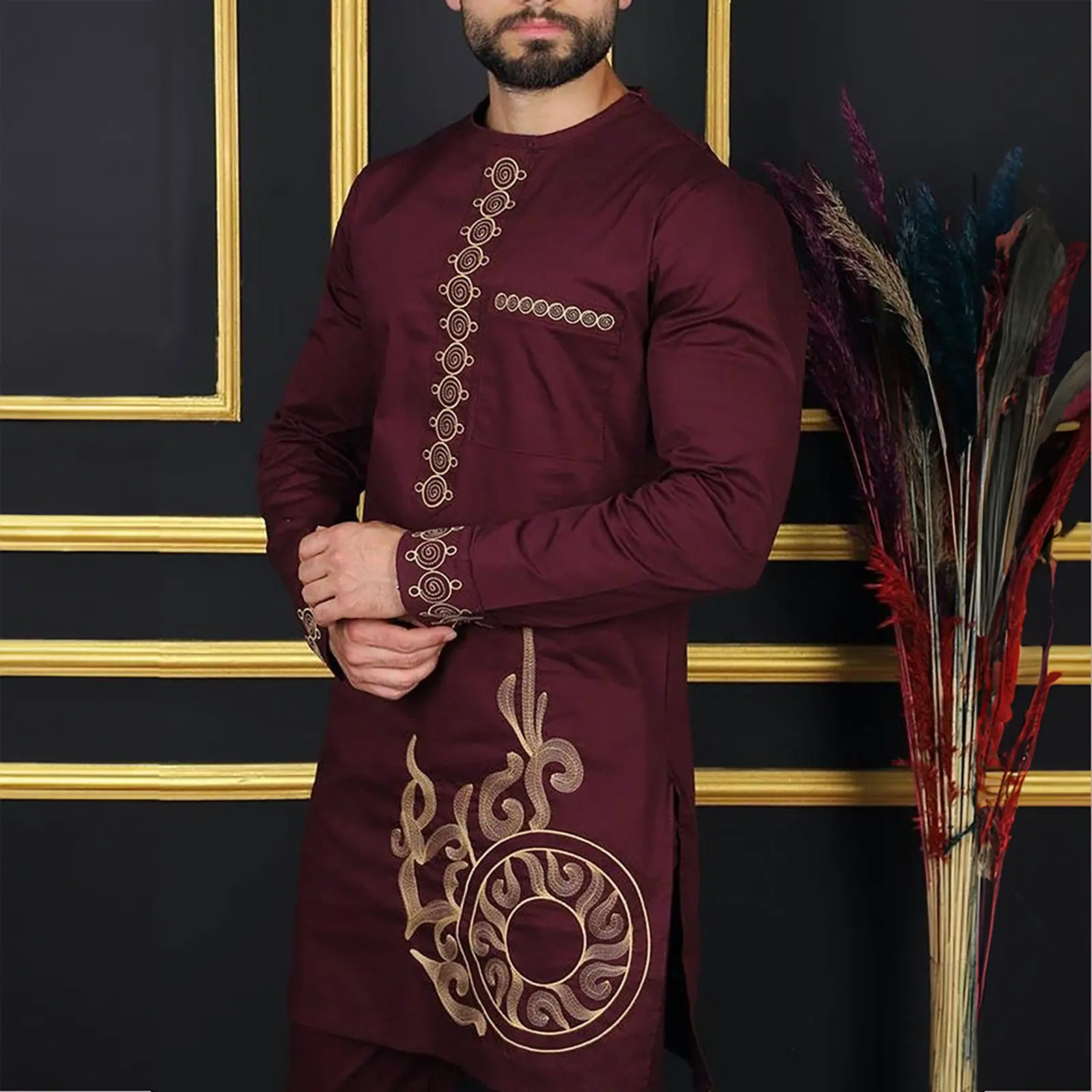 2024 Autumn New Mens Ethnic Embroidery Pajama Set Long Sleeve Loungewear Comfy Home Sleepwear Lightweight Two Piece Outfit