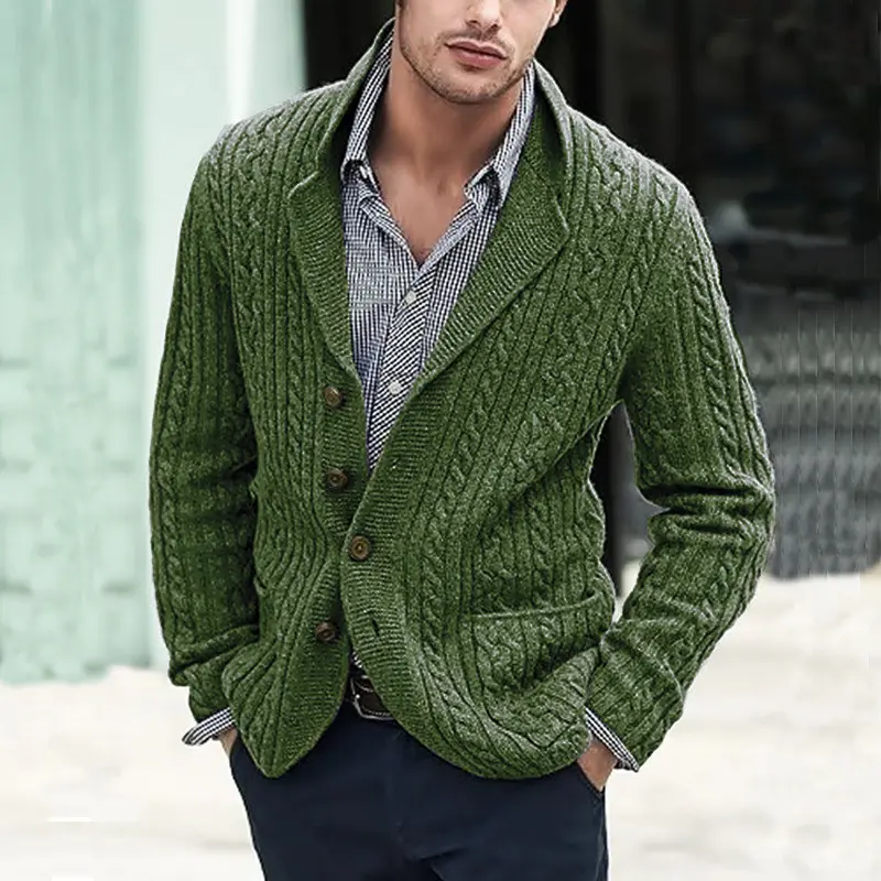 Cross Border EU US Mens Cable Knit Cardigan Button Front Long Sleeve Lapel Pocket Autumn Winter Fashion Casual Knitted Sweater