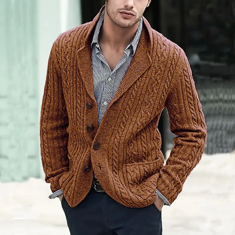 Cross Border EU US Mens Cable Knit Cardigan Button Front Long Sleeve Lapel Pocket Autumn Winter Fashion Casual Knitted Sweater