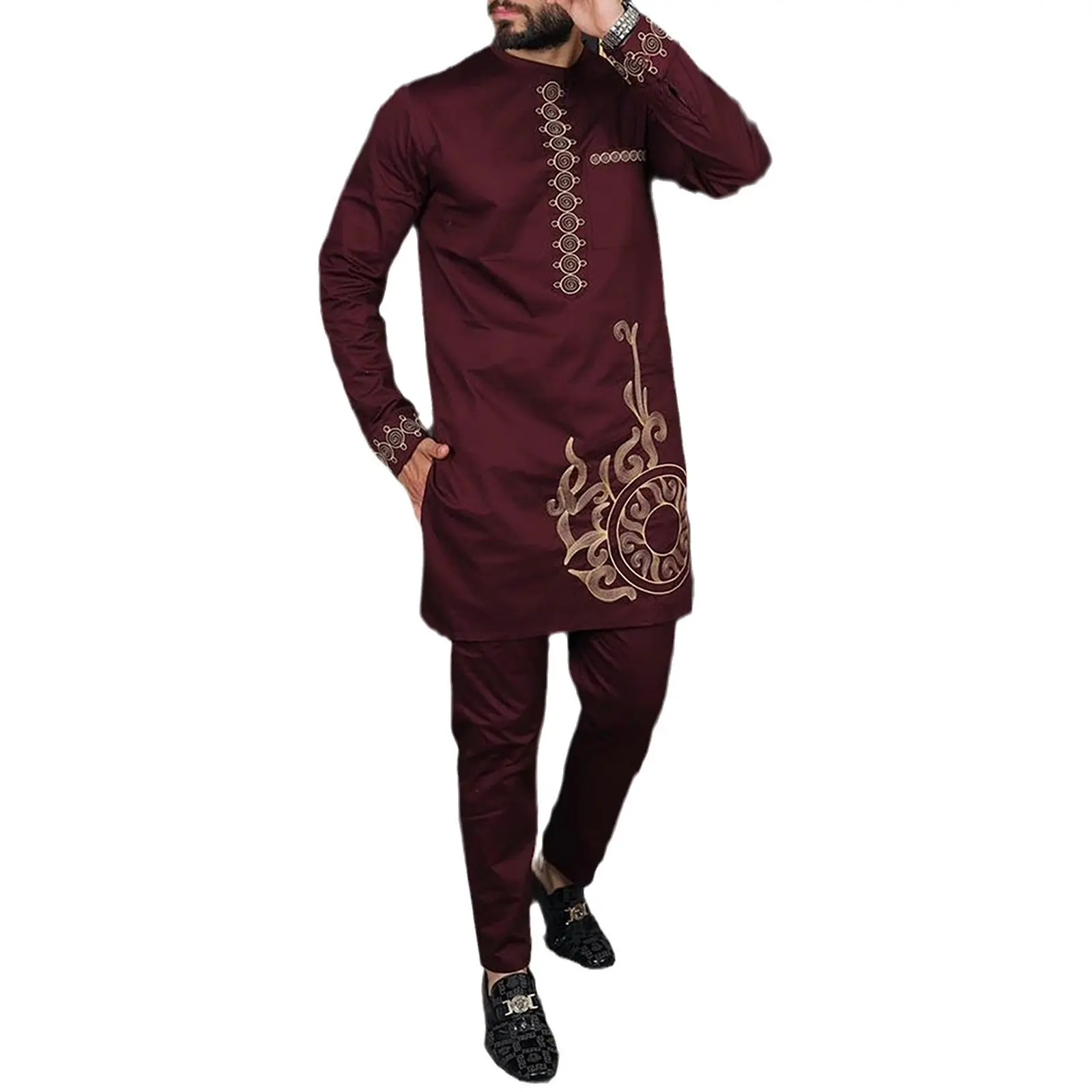 2024 Autumn New Mens Ethnic Embroidery Pajama Set Long Sleeve Loungewear Comfy Home Sleepwear Lightweight Two Piece Outfit