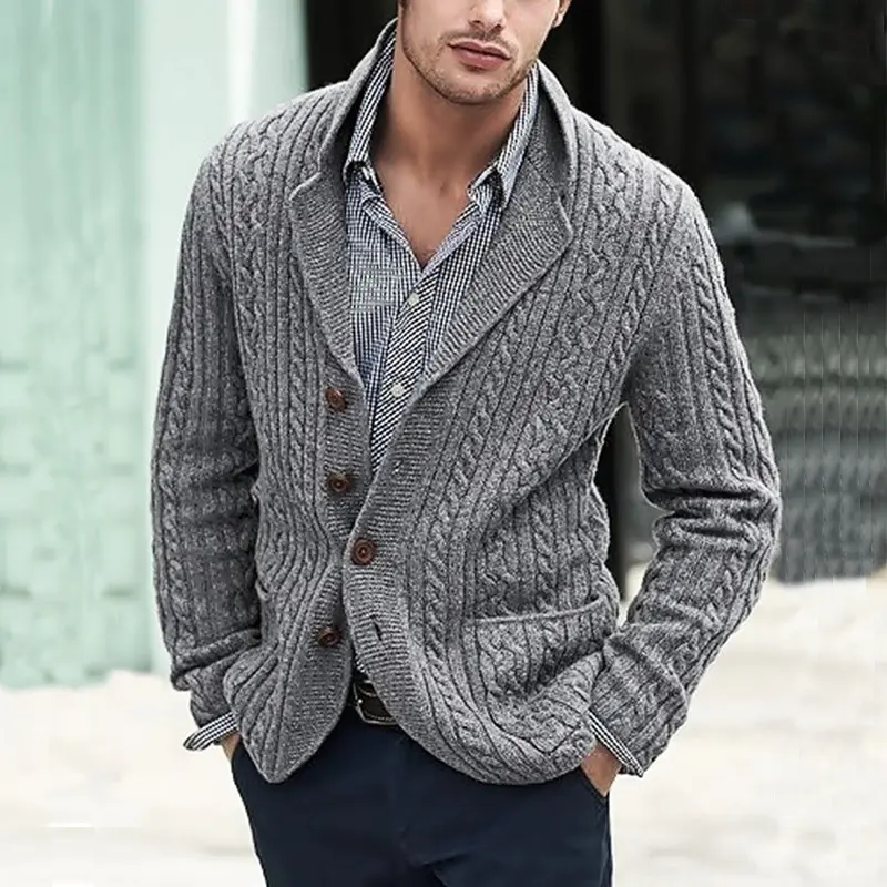 Cross Border EU US Mens Cable Knit Cardigan Button Front Long Sleeve Lapel Pocket Autumn Winter Fashion Casual Knitted Sweater