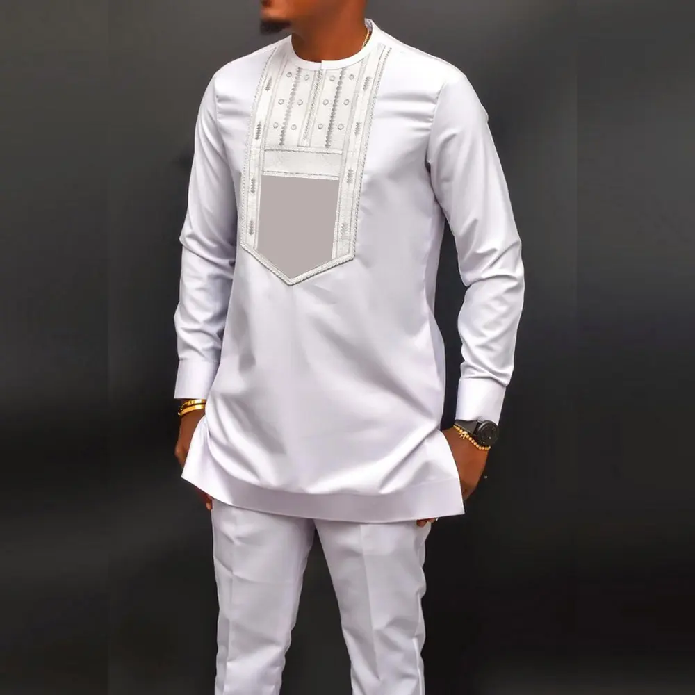 2024 Autumn New Mens Ethnic Embroidery Pajama Set Long Sleeve Loungewear Comfy Home Sleepwear Lightweight Two Piece Outfit